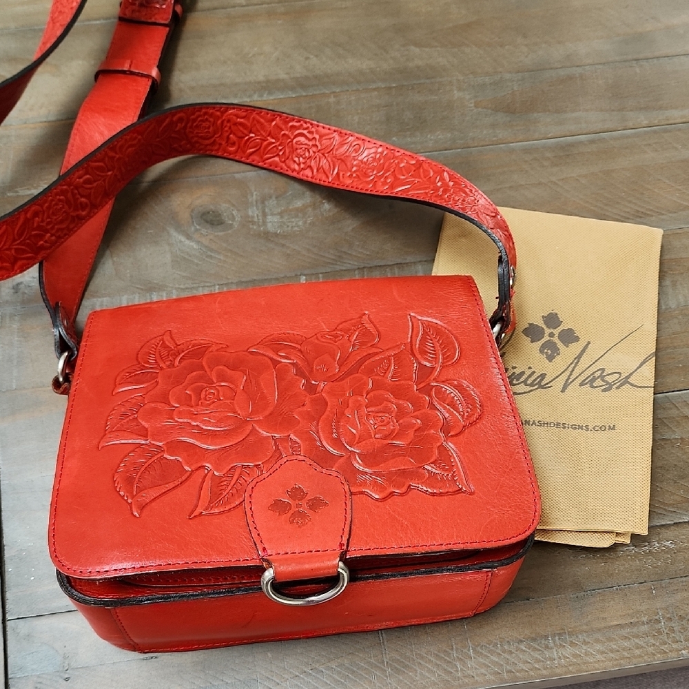 Patricia Nash Red and Silver Crossbody Bag with Floral Embossing